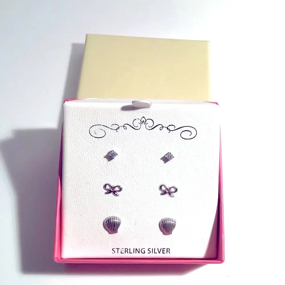 Sterling Silver Bow Earrings Set 3 Rhinestone Studs Bows Seashells Girls New Box